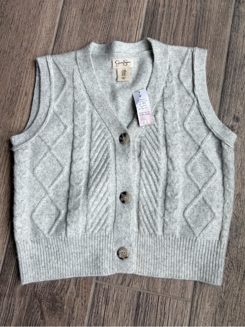 Jessica Simpson Light Gray Cable Knit Sleeveless Button Vest